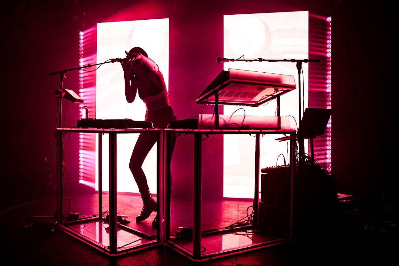 Silhouette of a DJ performing live electronic music with vibrant lighting.
